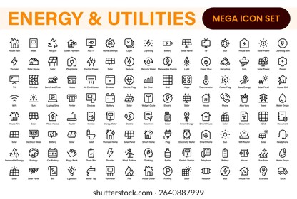Renewable Energy and Utilities Icon Pack – Vector Line Illustrations for Solar, Wind, Electric Power, Sustainable Energy, and Environmental Designs