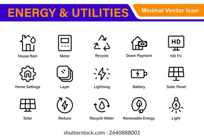 Renewable Energy and Utilities Icon Pack – Vector Line Illustrations for Solar, Wind, Electric Power, Sustainable Energy, and Environmental Designs