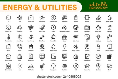 Renewable Energy and Utilities Icon Pack – Vector Line Illustrations for Solar, Wind, Electric Power, Sustainable Energy, and Environmental Designs