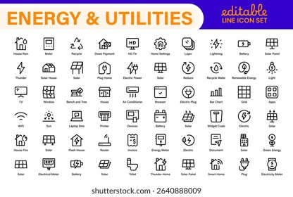Renewable Energy and Utilities Icon Pack – Vector Line Illustrations for Solar, Wind, Electric Power, Sustainable Energy, and Environmental Designs