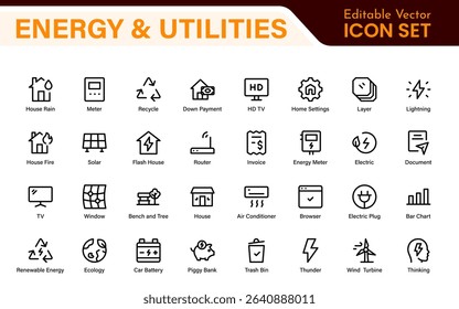 Renewable Energy and Utilities Icon Pack – Vector Line Illustrations for Solar, Wind, Electric Power, Sustainable Energy, and Environmental Designs