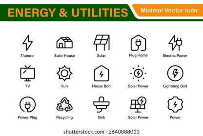 Renewable Energy and Utilities Icon Pack – Vector Line Illustrations for Solar, Wind, Electric Power, Sustainable Energy, and Environmental Designs
