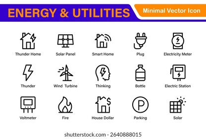 Renewable Energy and Utilities Icon Pack – Vector Line Illustrations for Solar, Wind, Electric Power, Sustainable Energy, and Environmental Designs