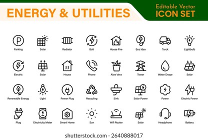 Renewable Energy and Utilities Icon Pack – Vector Line Illustrations for Solar, Wind, Electric Power, Sustainable Energy, and Environmental Designs