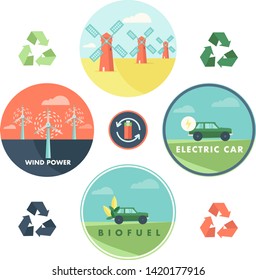 Renewable energy vector badges set. Nature and ecology related vector illustration in flat style. Go green 