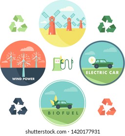 Renewable energy vector badges set. Nature and ecology related vector illustration in flat style. Go green 