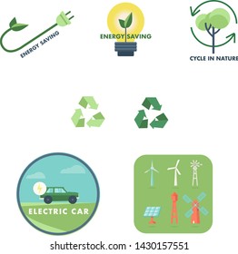 Renewable energy vector badges set. Nature and ecology related vector icons in flat style. Go green symbols
