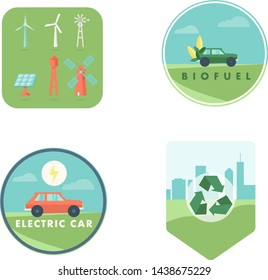 Renewable energy vector badges set. Nature and ecology related vector illustration in flat style. Go green badges
