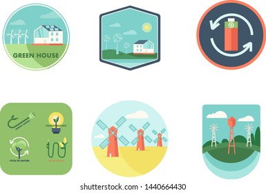 Renewable energy vector badges set. Nature and ecology related vector illustration in flat style. Go green badges
