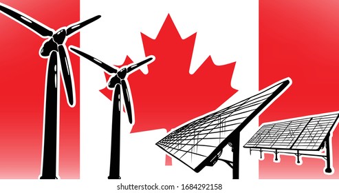 Renewable energy vector concept for Canada wind generators and solar power station on flag background, flag colors red, white