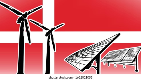 Renewable energy vector concept for Denmark - wind generators and solar power station on flag background, flag colors red, white