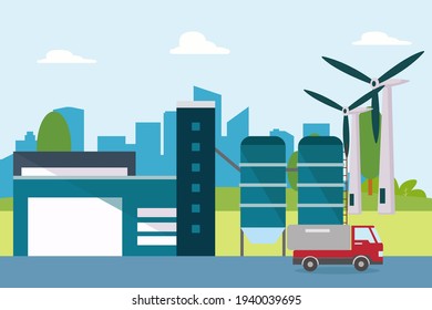 Renewable energy vector concept. Hydrogen energy and windmill giving energy resource to the modern city