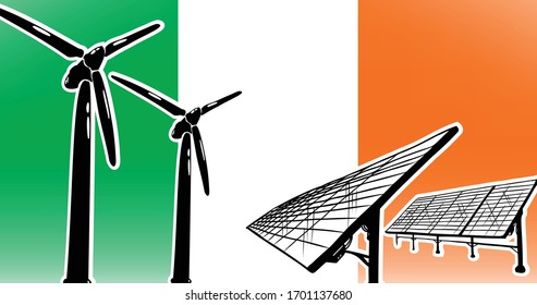 Concepto de vectores de energía renovable para los generadores eólicos de Irlanda y la estación de energía solar en fondo de bandera, colores de bandera verde, naranja, blanco