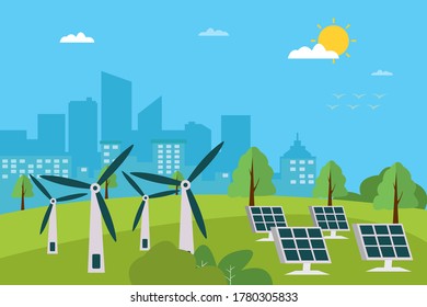 Renewable energy vector concept: solar panels and wind turbines on hills generating electricity to the city