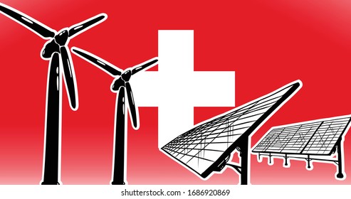 Renewable energy vector concept for Switzerland wind generators and solar power station on flag background, flag colors red, white