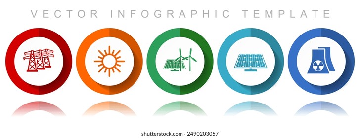 Renewable energy vector icon collection, miscellaneous icons such as power line, sun, solar panel and nuclear power plant, flat design infographic template in eps 10