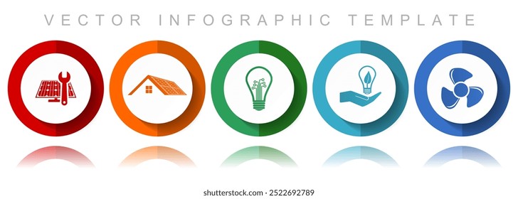 Renewable energy vector icon collection, miscellaneous icons such as solar panel, house, light bulb and heater, flat design infographic template in eps 10