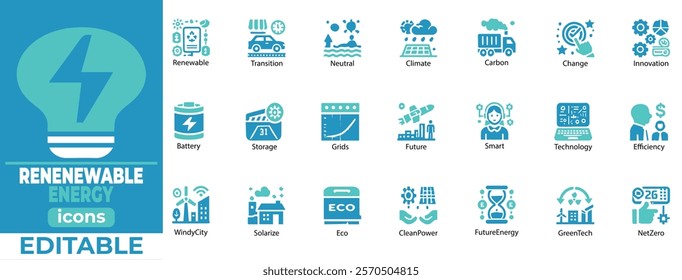 Renewable Energy vector icons for eco-tech, green energy, smart grids, solar, wind, and sustainability. Editable and modern