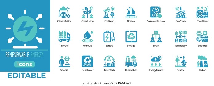 Renewable Energy vector icons for eco-tech, green energy, smart grids, solar, wind, and sustainability. Editable and modern