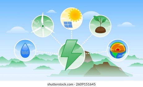Renewable Energy Vector Icons. Solar, Wind, Hydro, Geothermal, Ecology Green Power Illustration Set.
