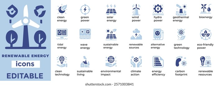 
Renewable energy vector icons for sustainability, solar, wind, clean power, green tech, net-zero, and eco solutions