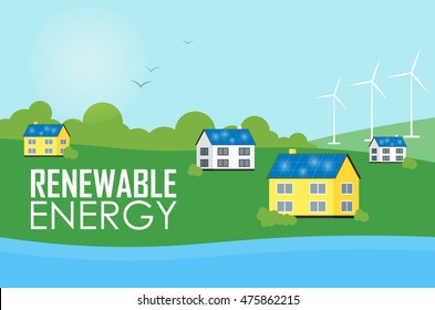 Renewable energy vector illustration. Eco settlement near river. Houses with blue solar panels on the roof. White wind generator turbines. The production of energy from the sun and wind.