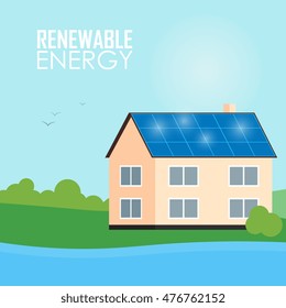 Renewable energy vector illustration. House with blue solar panels on the roof. The production of energy from the sun. Eco house concept. Modern alternative energy generation. Natural background