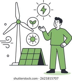 Renewable Energy Vector Illustration: Man Explaining Clean Energy Sources.