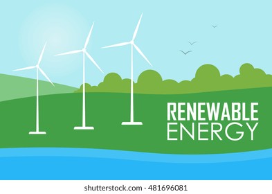 Renewable energy vector illustration. Three white wind generator turbines on river bank. Green energy concept. Windmills for electric power production. Modern alternative generation.