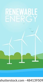 Renewable energy vector illustration. Three white wind generator turbines on river bank. Windmills for electric power production. Modern alternative energy generation. Ecological types of electricity