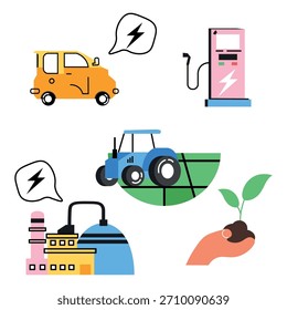 Energia renovável vetor pacote elétrico estação de carregamento de carro eco fábrica verde agricultura e meio ambiente