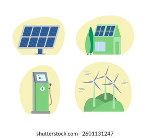 Renewable energy vector set with solar panels, wind turbines, and electric charging station for eco-friendly designs