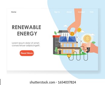 Plantilla de sitio web de vectores de energía renovable, página web y diseño de página de inicio para el desarrollo de sitios web y sitios móviles. Inversión en energías ecológicas alternativas.