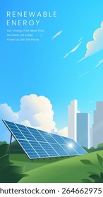 Ilustração do painel vertical de energia renovável contém cidades e painéis solares
