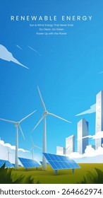 Renewable energy vertical panel illustrations include solar panels and wind turbines