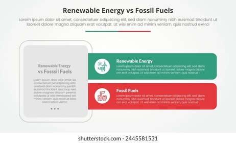 renewable energy vs fossil fuels or nonrenewable comparison opposite infographic concept for slide presentation with big box and long rectangle shape with flat style vector