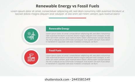 renewable energy vs fossil fuels or nonrenewable comparison opposite infographic concept for slide presentation with big rectangle table box with round circle edge with flat style vector