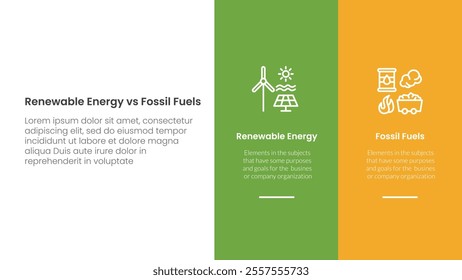 Renewable energy vs fossil fuels comparison concept for infographic template banner with big column banner on right layout with two point list information vector