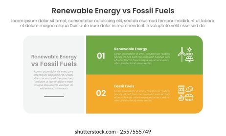 Renewable energy vs fossil fuels comparison concept for infographic template banner with big round box and stack list with two point list information vector