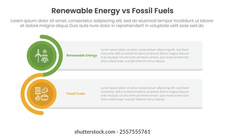 Renewable energy vs fossil fuels comparison concept for infographic template banner with rectangle box stack and circle wave with two point list information vector