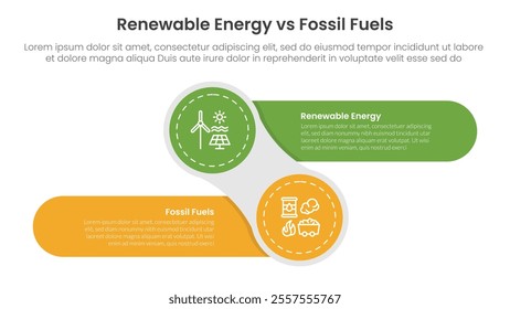 Renewable energy vs fossil fuels comparison concept for infographic template banner with creative circle and round rectangle shape left and right with two point list information vector