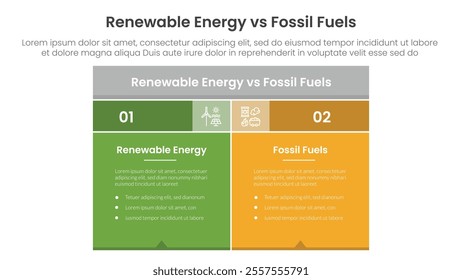 Renewable energy vs fossil fuels comparison concept for infographic template banner with box table with fullcolor background block with two point list information vector