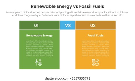 Renewable energy vs fossil fuels comparison concept for infographic template banner with box table with fullcolor background block with two point list information vector