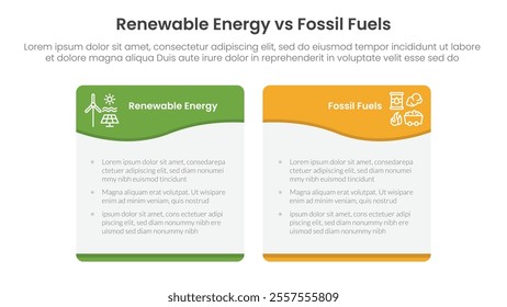 Renewable energy vs fossil fuels comparison concept for infographic template banner with wave swirl curve table box with two point list information vector