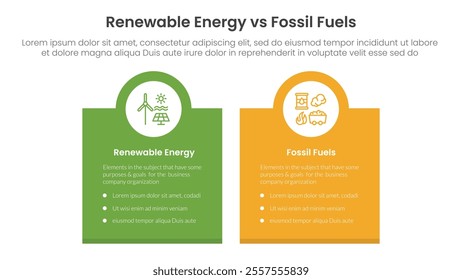 Renewable energy vs fossil fuels comparison concept for infographic template banner with box banner and circle on top with two point list information vector