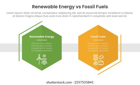 Renewable energy vs fossil fuels comparison concept for infographic template banner with hexagon shape decoration outline with two point list information vector