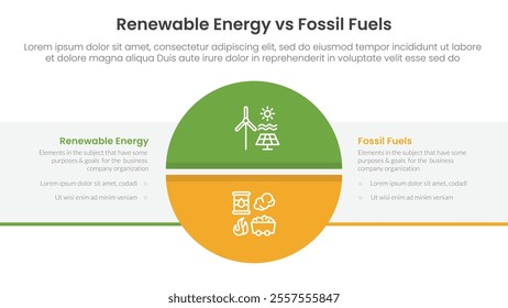 Renewable energy vs fossil fuels comparison concept for infographic template banner with big circle divided and box rectangle with two point list information vector