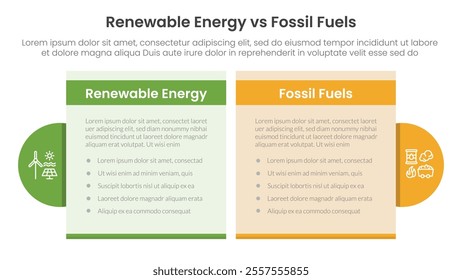 Renewable energy vs fossil fuels comparison concept for infographic template banner with table box and circle accessories with two point list information vector