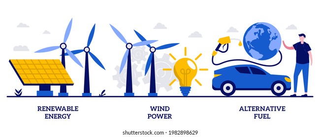 Renewable energy, wind power, alternative fuel concept with tiny people. Clean energy vector illustration set. Solar panels, green electricity, charging station, light bulb, windfarm metaphor.