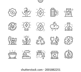 Renewable energy. Wind power. Green energy. Water power. Processing of natural resources. Recycling. Pixel Perfect Vector Thin Line Icons. Simple Minimal Pictogram